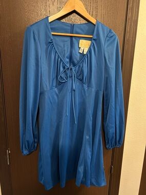 Vtg Frederick’s of Hollywood 70’s Blue Long Sleeve Tie-Front Poly Mini Dress S